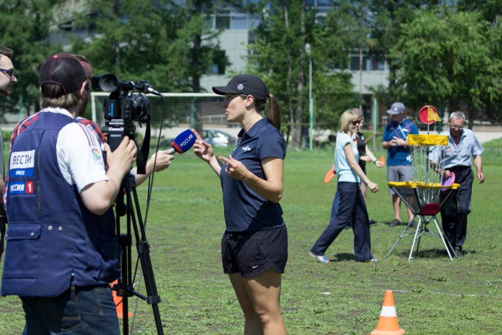 Valarie Jenkins interviewed by Russian media during a sports for inclusion event. Courtesy of U.S. Consulate Yekaterinburg